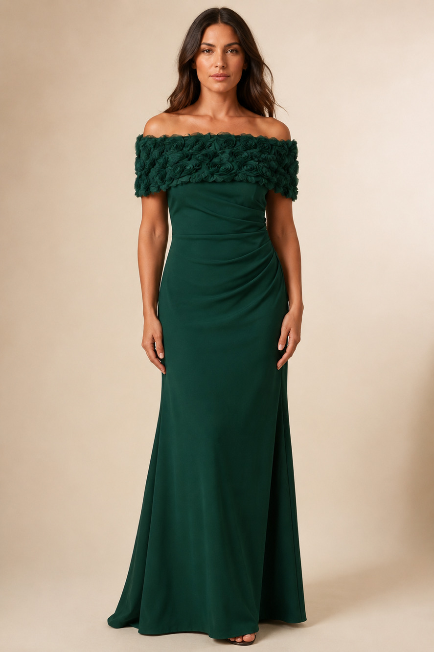 NEW ELIZA J Formal Gown 12 Green Ruched Waist Rosette Off Shoulder Evening Dress
